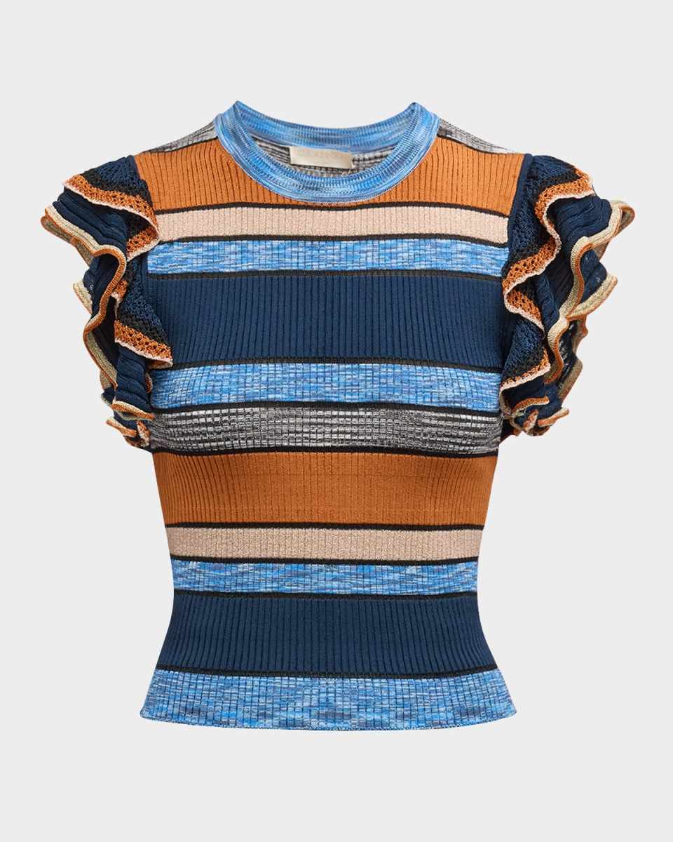 Cecile Striped Ruffle Rib Knit Top